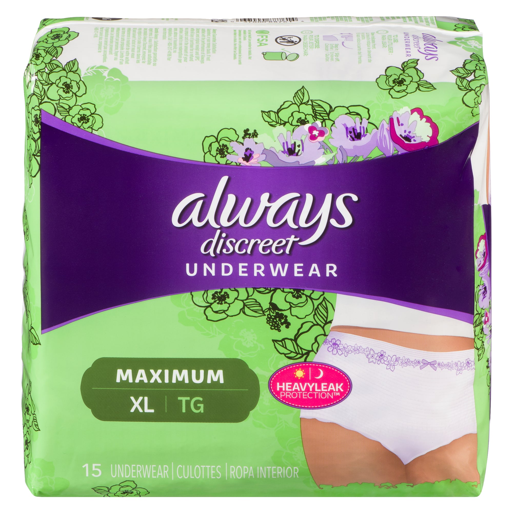 Discreet Incontinence Underwear, Maximum Absorbency, X-Large, 15 units –  Always : Incontinence