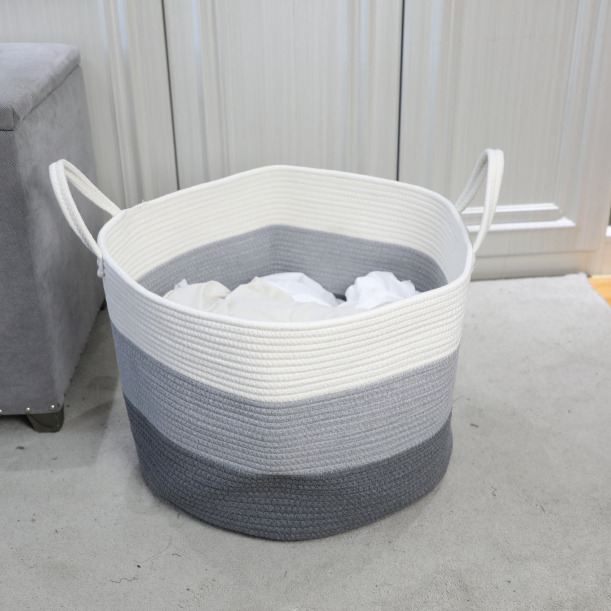 Grand panier de rangement en corde gris et écru XL Guapa