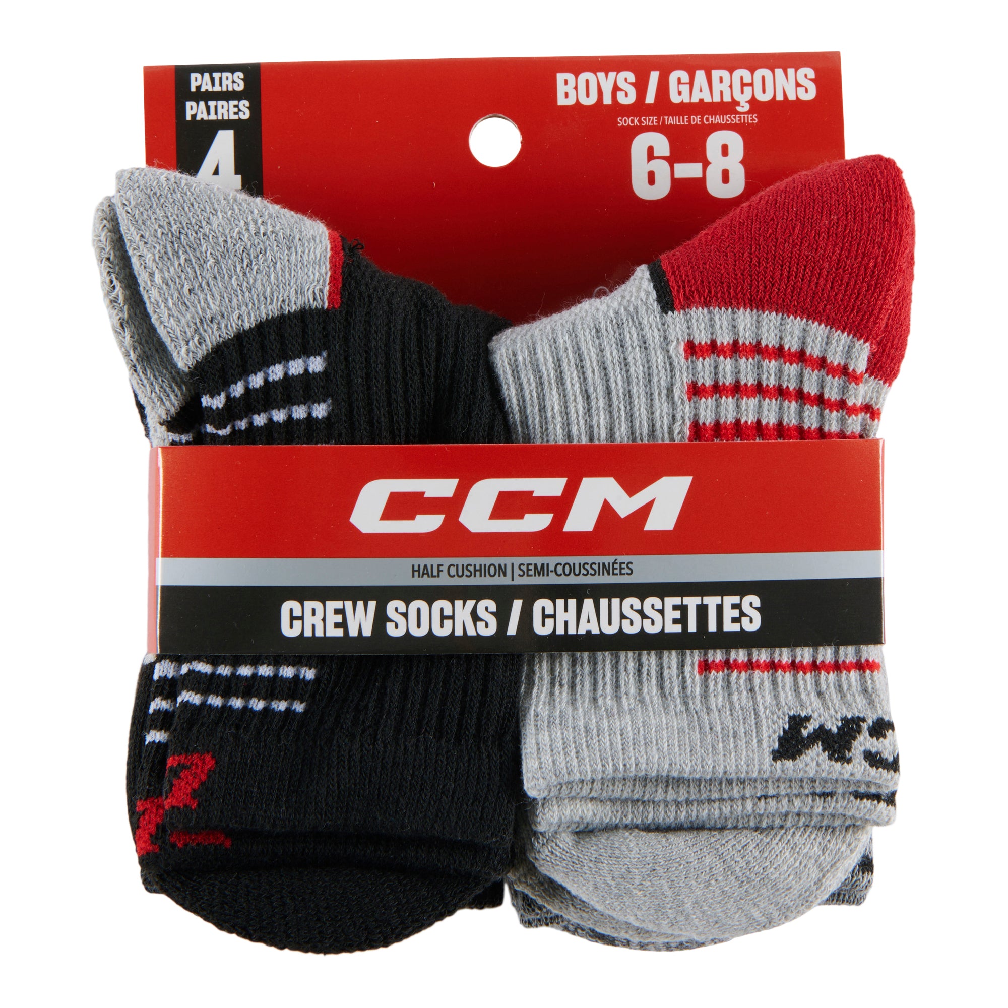 CCM Boy's Crew Socks, 4Pack Giant Tiger