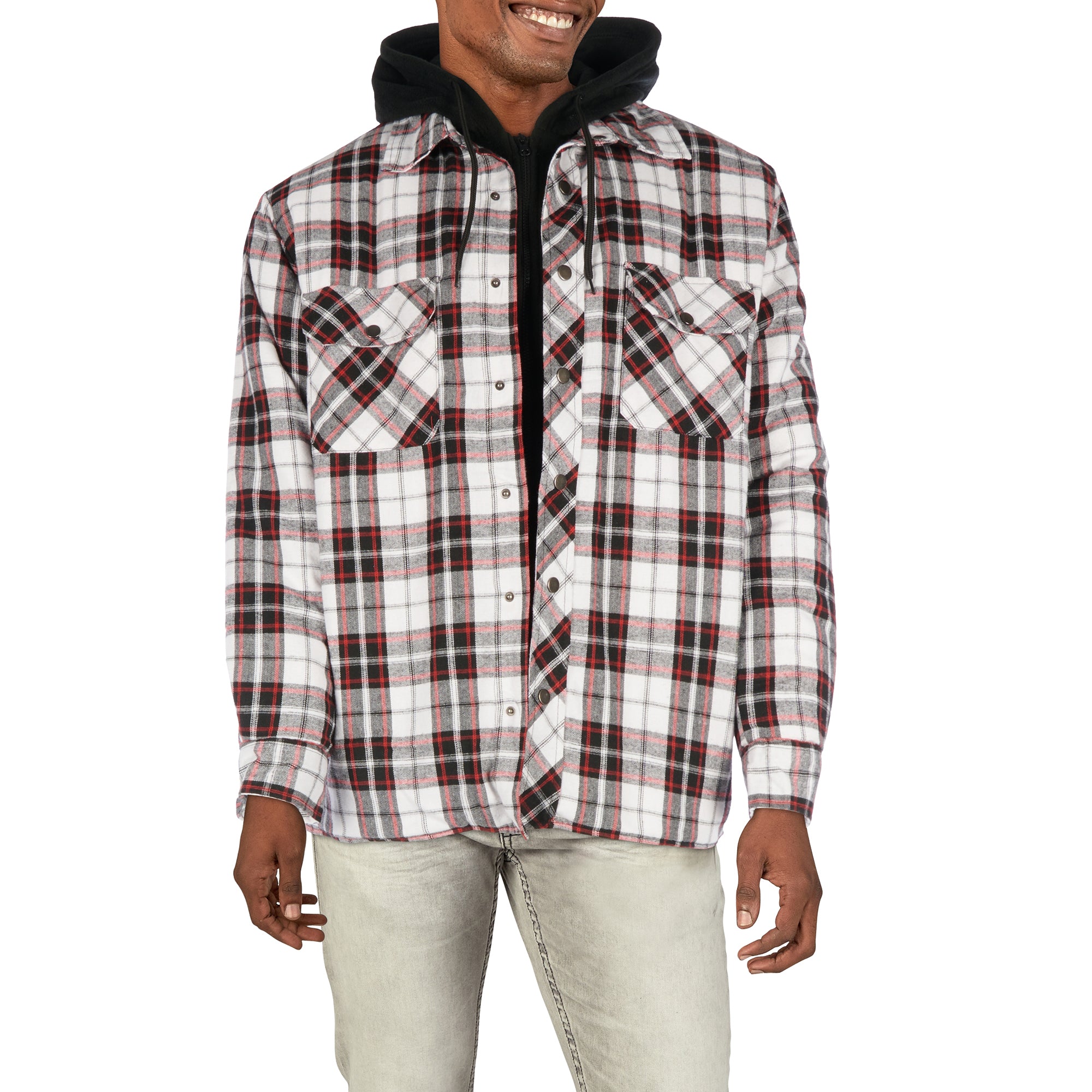Quilted flannel shirt with hood and rustproof snaps.