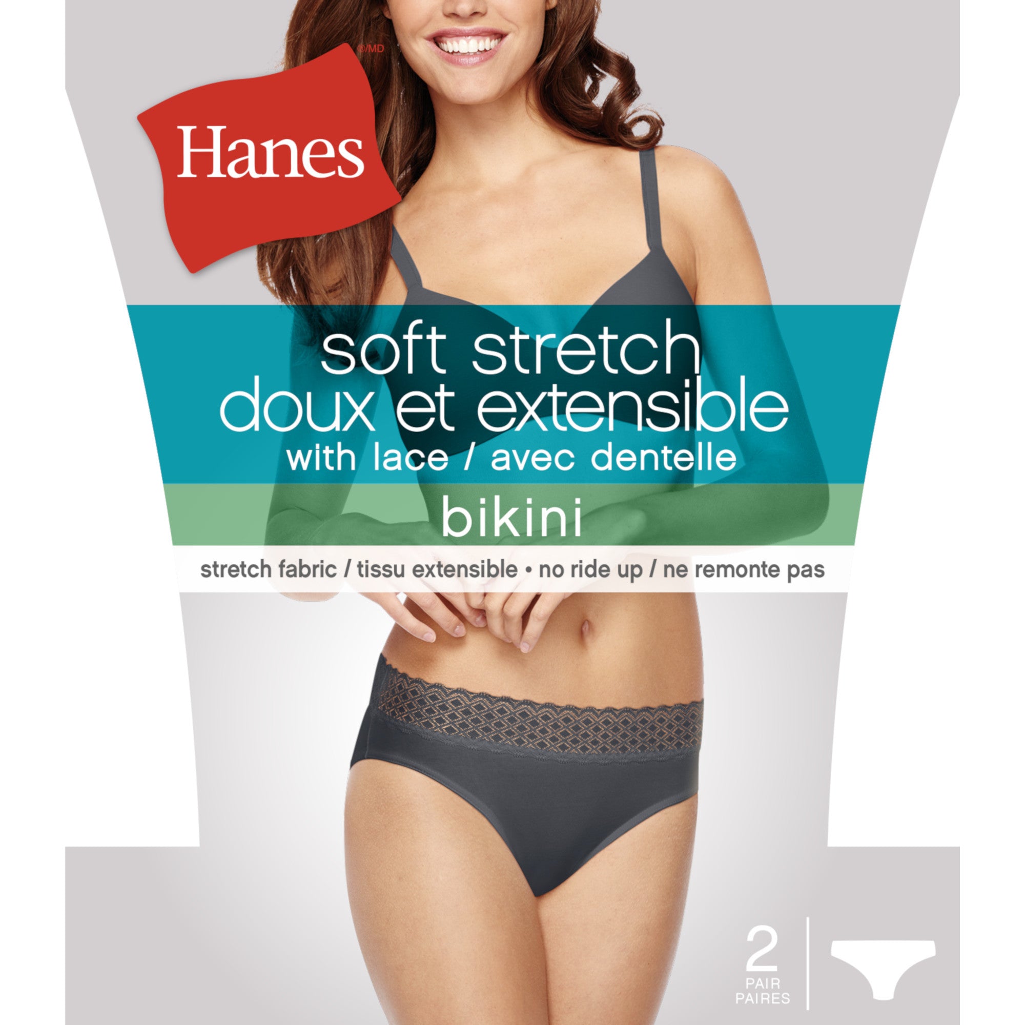 Hanes Women's Soft Stretch Lace Bikini Underwear, 2-Pack, Anthracite